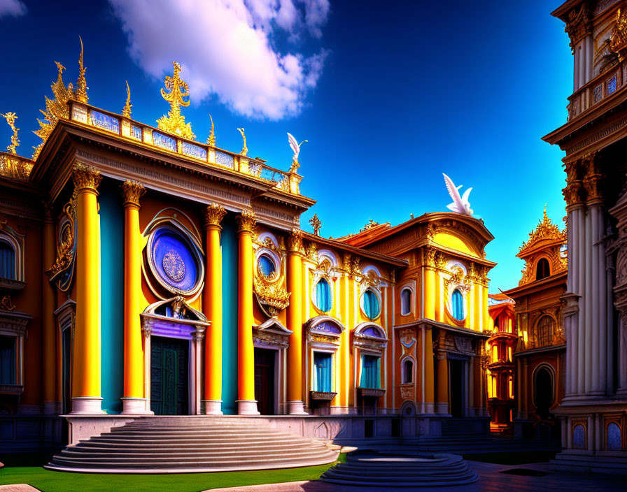 Baroque facade with golden embellishments against deep blue sky