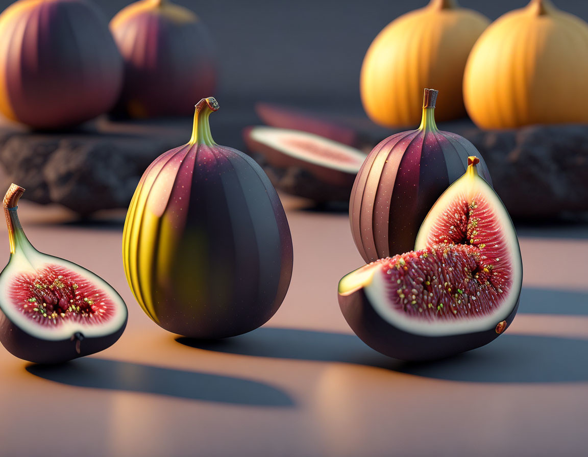 Detailed 3D Illustration of Whole and Sliced Figs