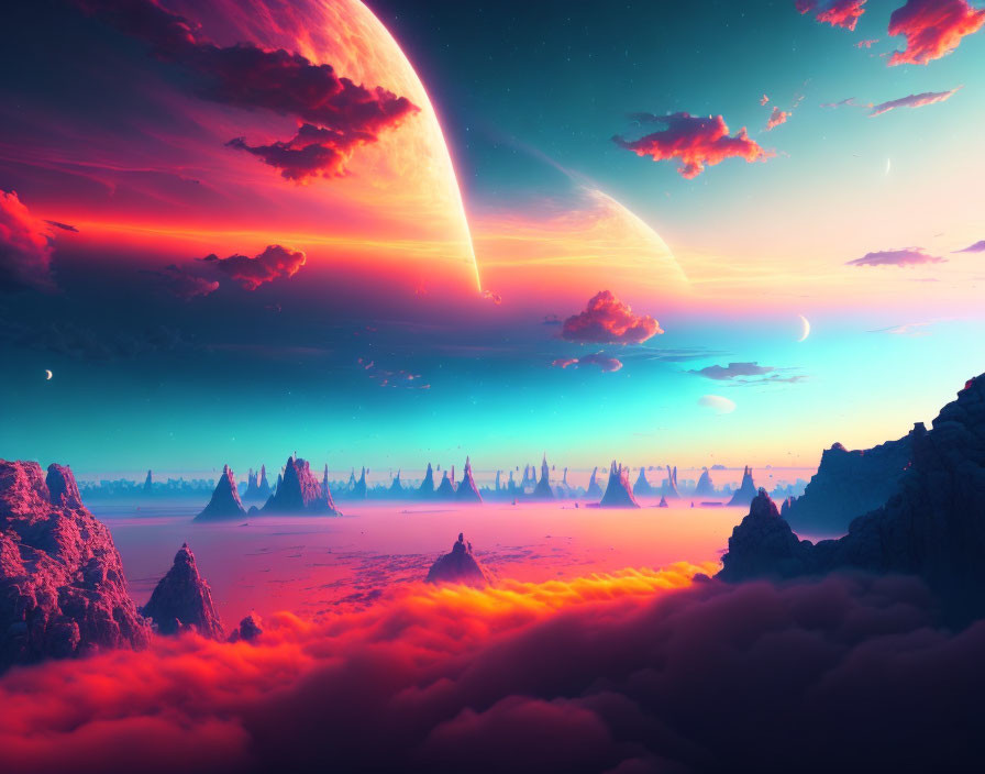 Vibrant Cosmic Landscape with Planets and Mountains