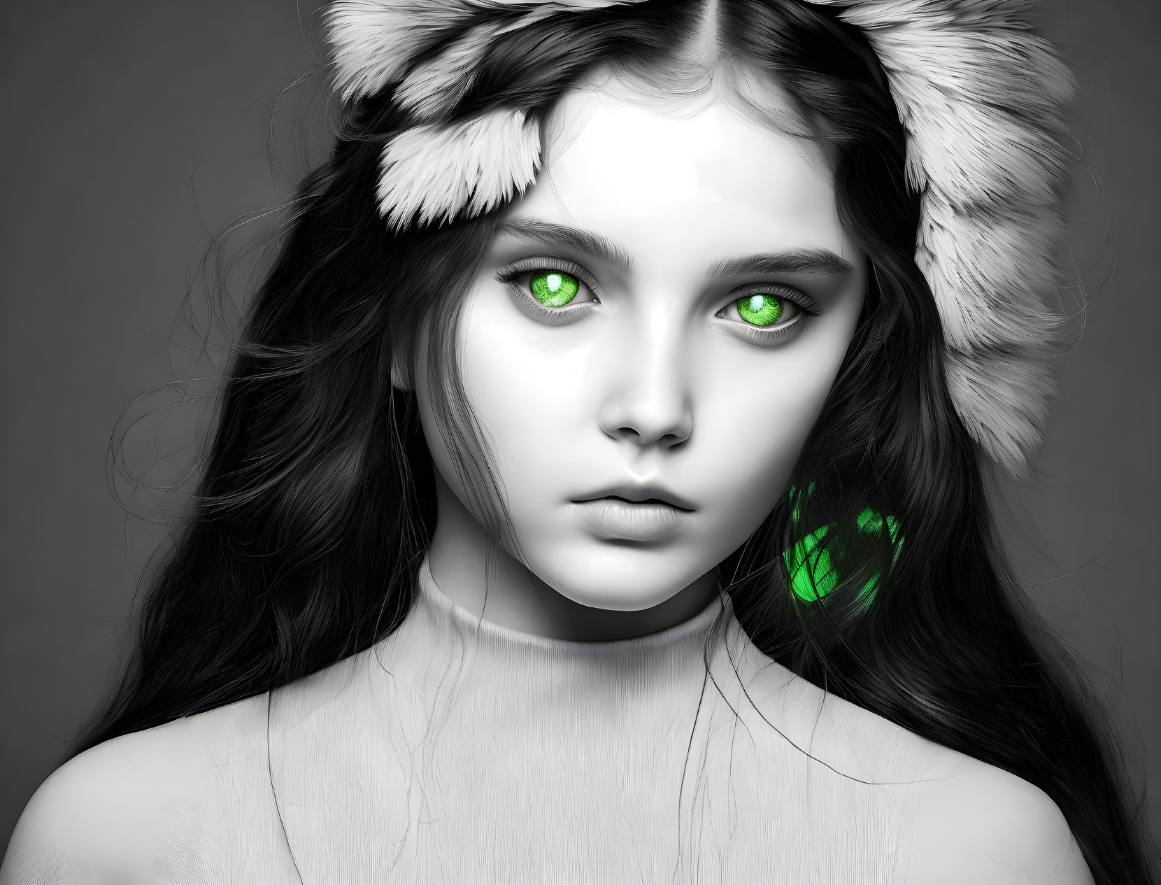 Monochrome portrait featuring person with green eyes and furry ears.