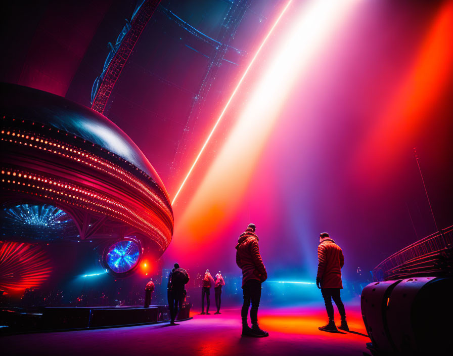 Futuristic installation with red and blue lights observed by people