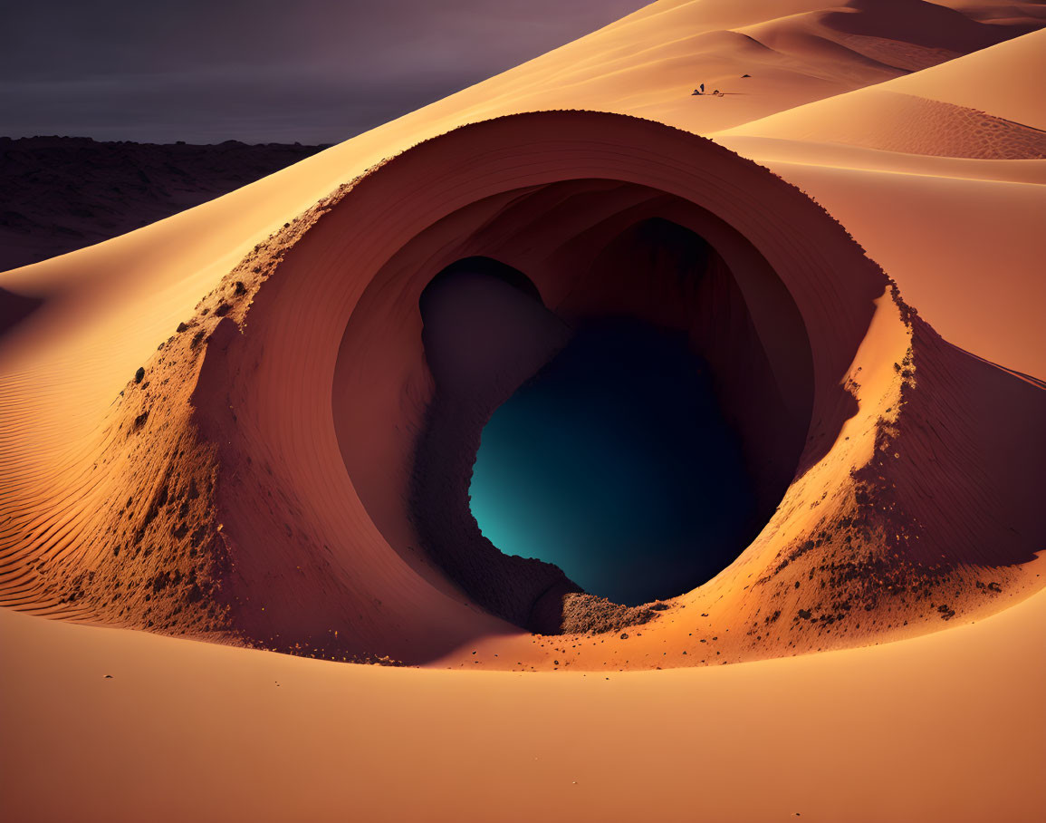 Spiral-shaped sand formation in vast desert under dusky sky