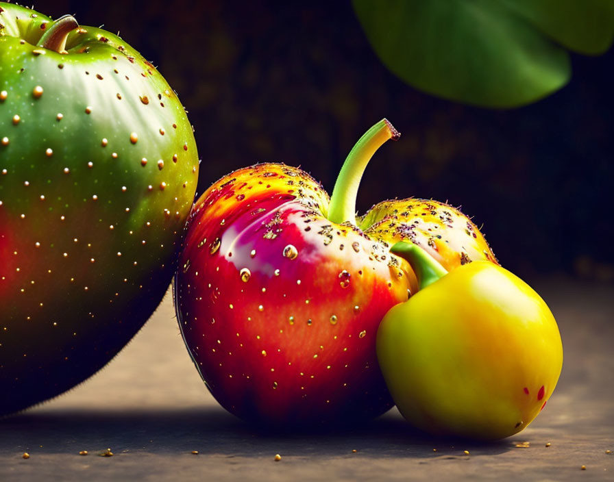 Vibrant water-droplet-covered apples on dark surface with green leaf.