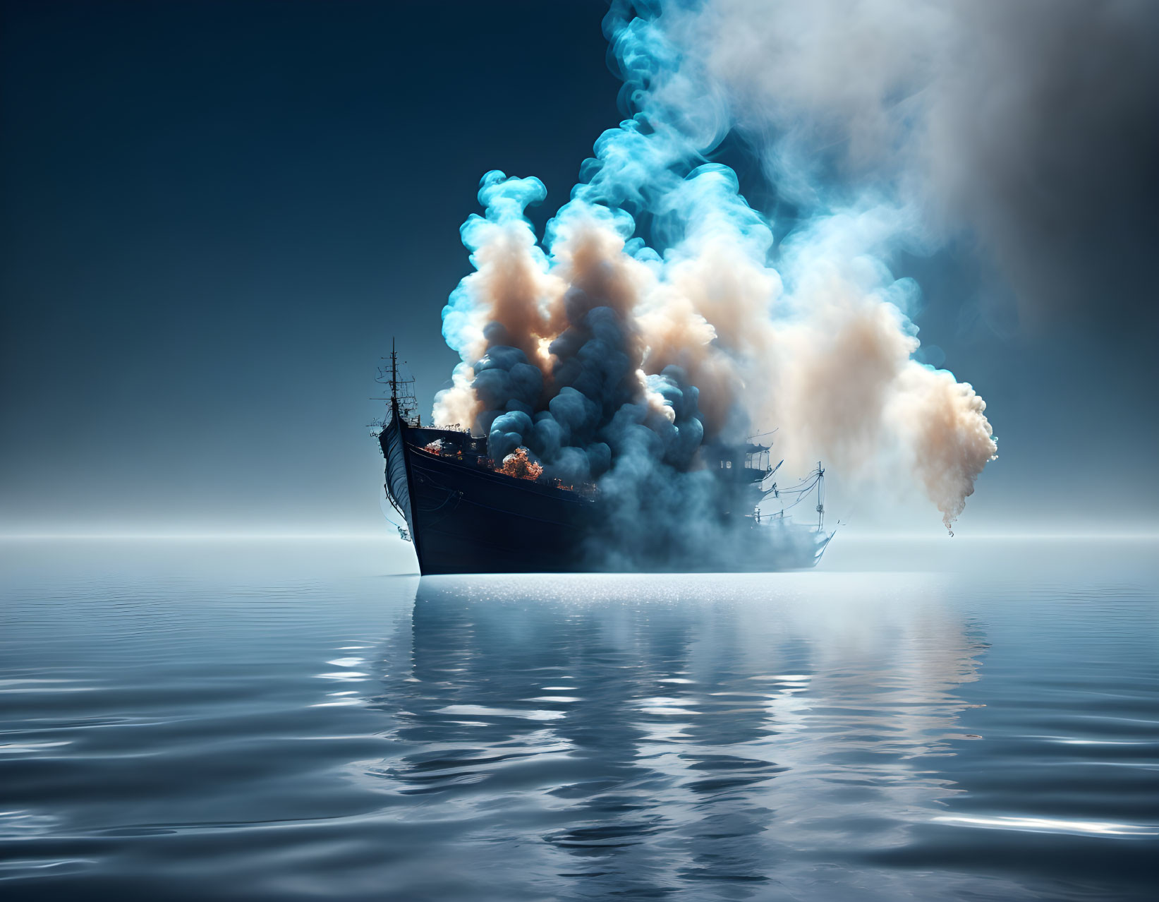 Surreal ocean scene: large ship in smoke, smaller ship in fog