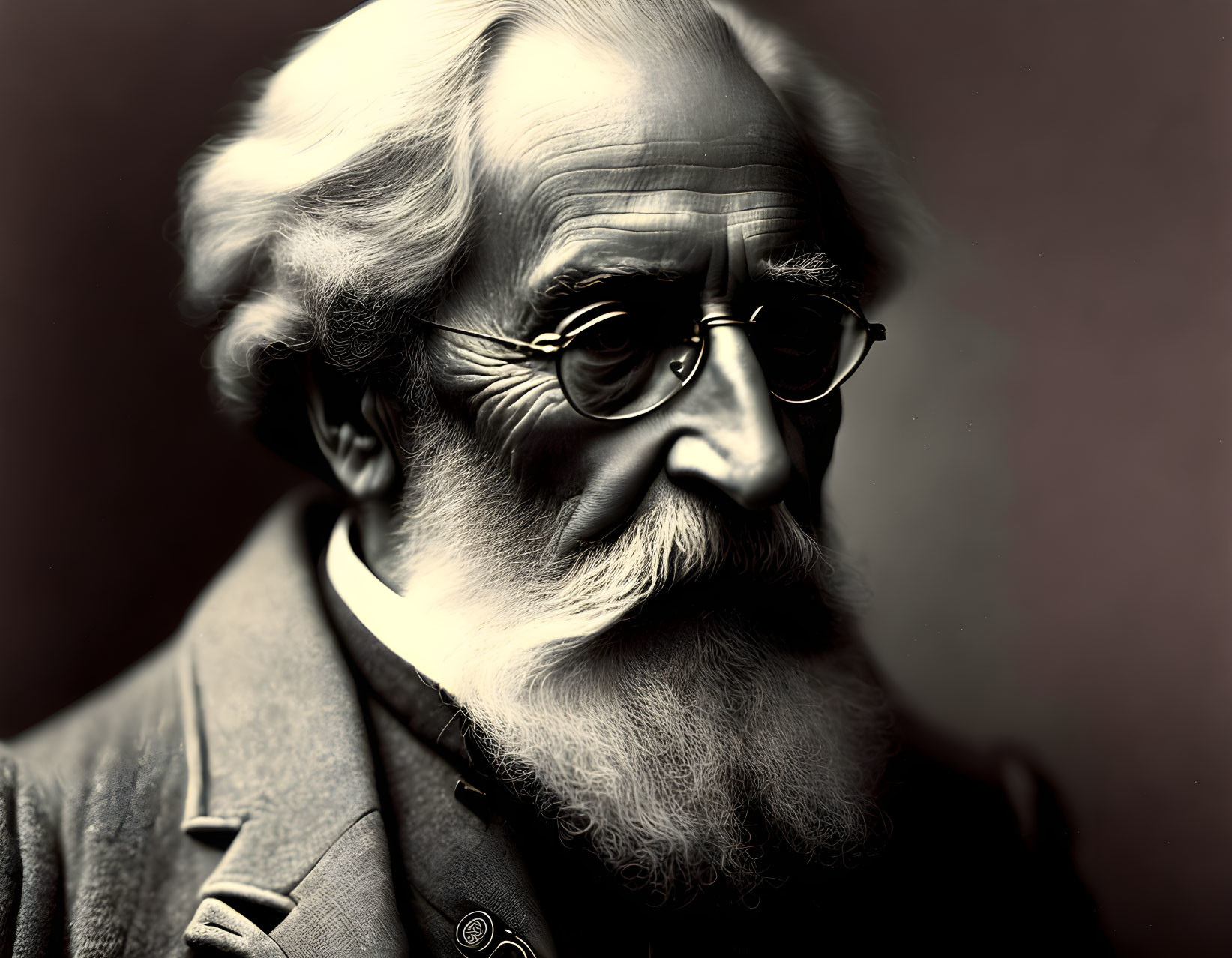 Elderly man with white beard and wire-rimmed glasses in dark suit