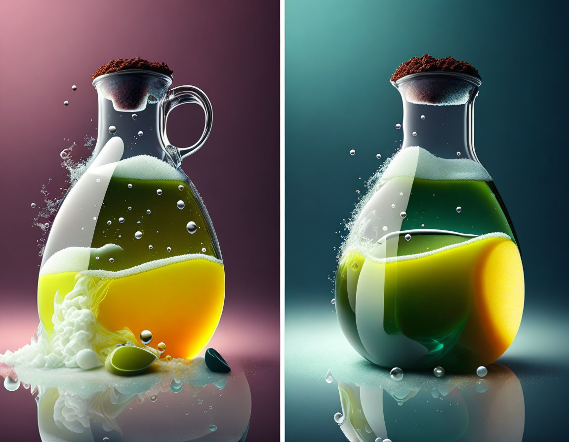 Symmetrical image of creatively edited jugs with colorful liquids and dynamic splashes