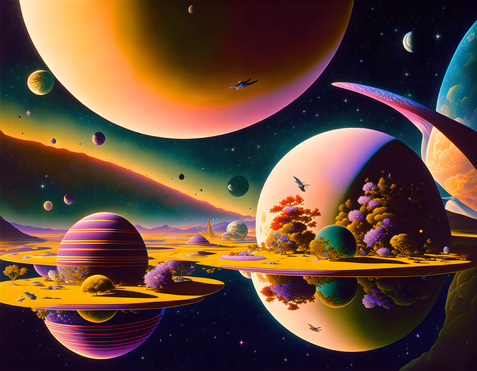 Colorful Planets, Moons, Stars & Alien Flora in Surreal Space Scene