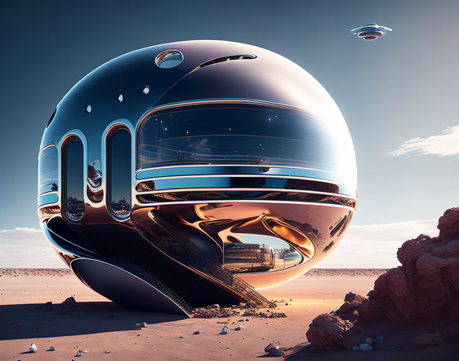 Futuristic orb-shaped building in desert with hovering smaller orb