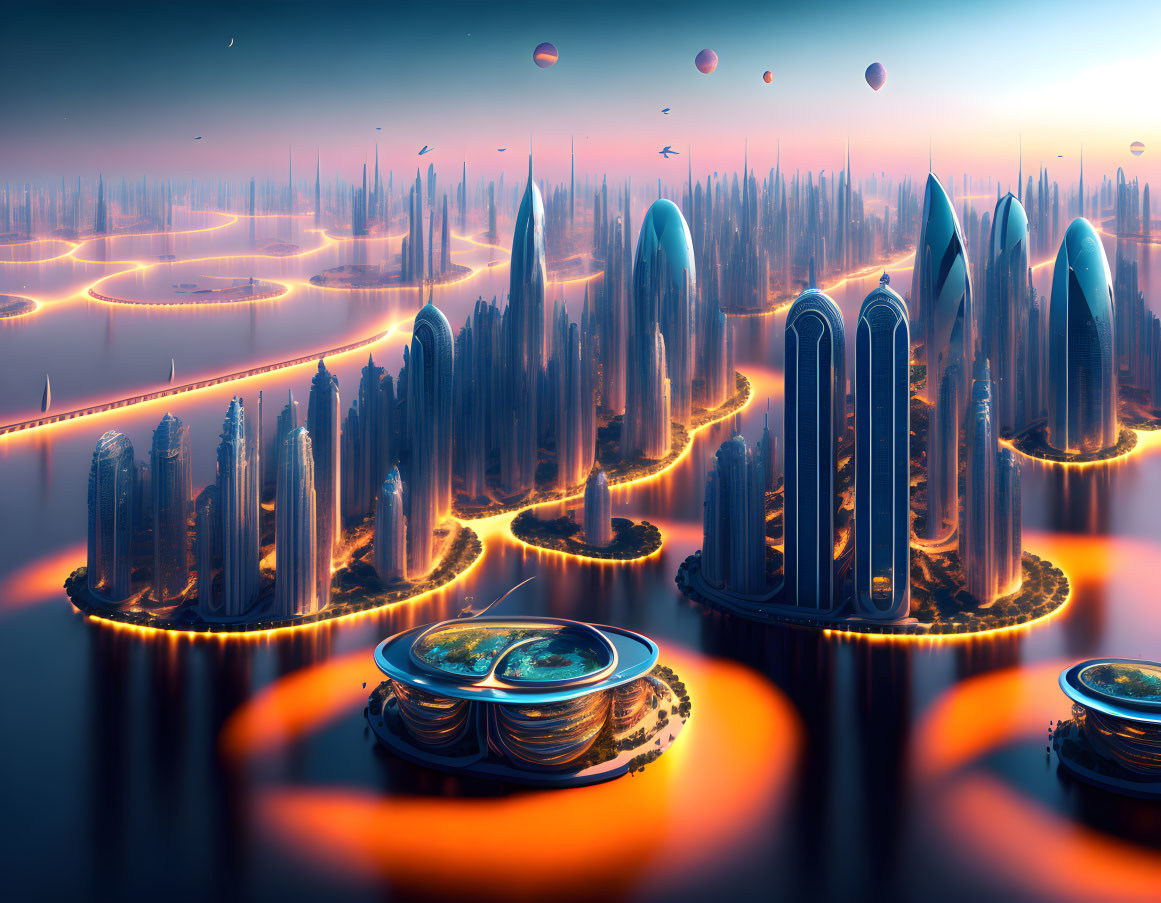 Futuristic cityscape: high-rise buildings on islands, glowing orange tracks, airships in serene