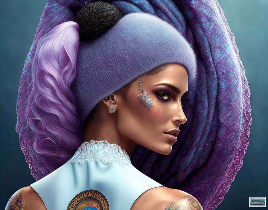 Digital illustration of woman with purple turban, wavy hair, facial gems, and shoulder tattoos