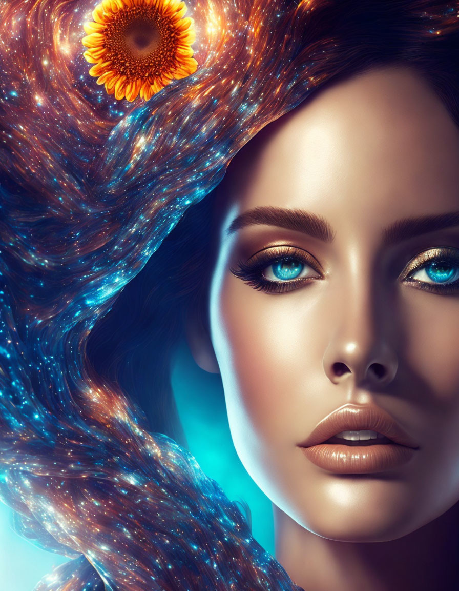 Digital artwork featuring woman with cosmic-themed hair and galaxy sunflower.