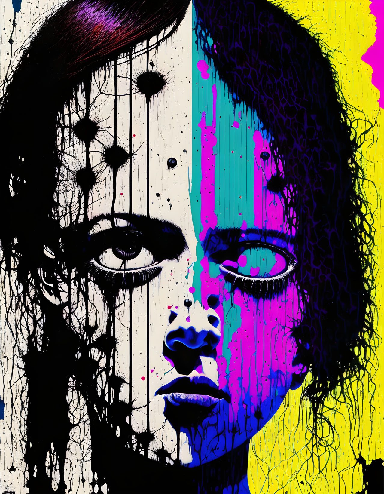 Colorful Abstract Portrait with Eye and Lips on Splattered Background