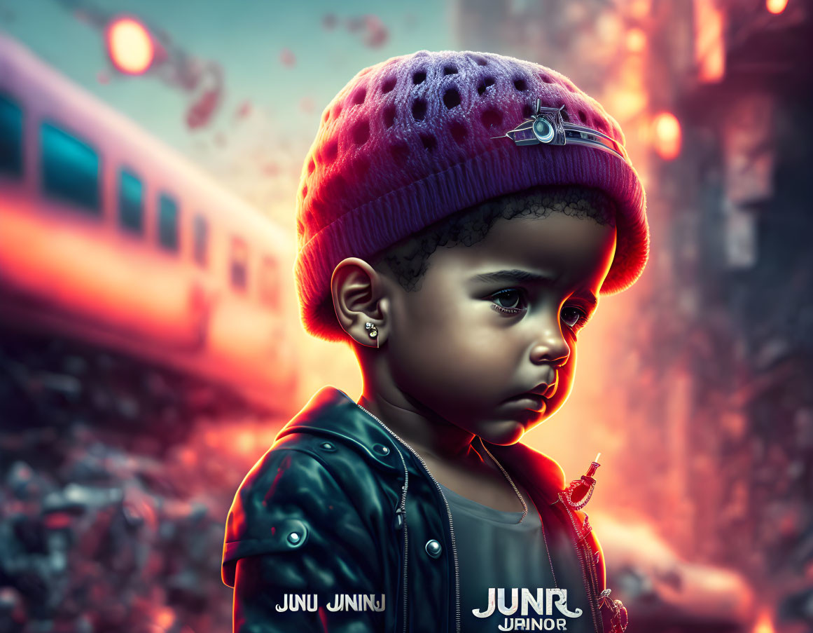 Digital artwork: Young child in red beanie and black jacket, with train and red tones in background