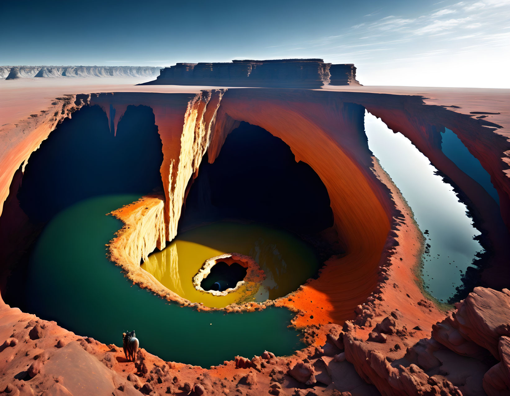 Surreal landscape with cascading waterfall, concentric lakes, orange cliffs, blue sky