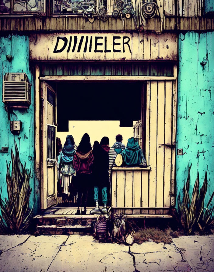 Group in ponchos at entrance of old turquoise building with "DILLER" sign