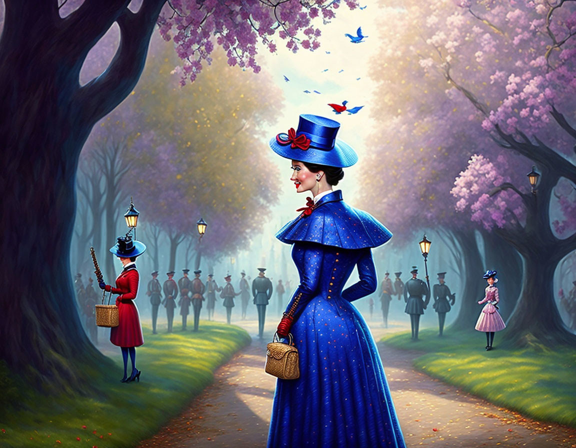 Illustration of woman in blue dress walking among cherry blossoms and uniformed characters