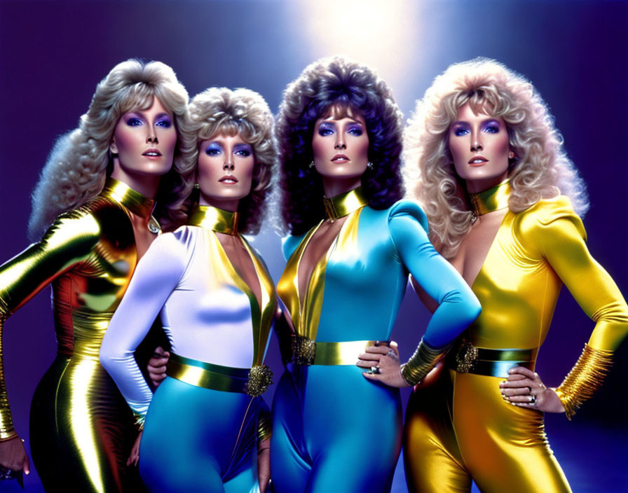 Four Women in Colorful Metallic Bodysuits on Purple Background