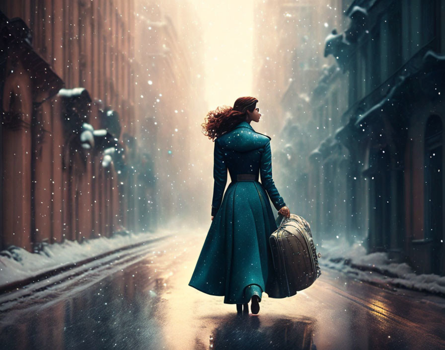 Woman in Blue Coat Walking on Snow-Covered Street with Suitcase