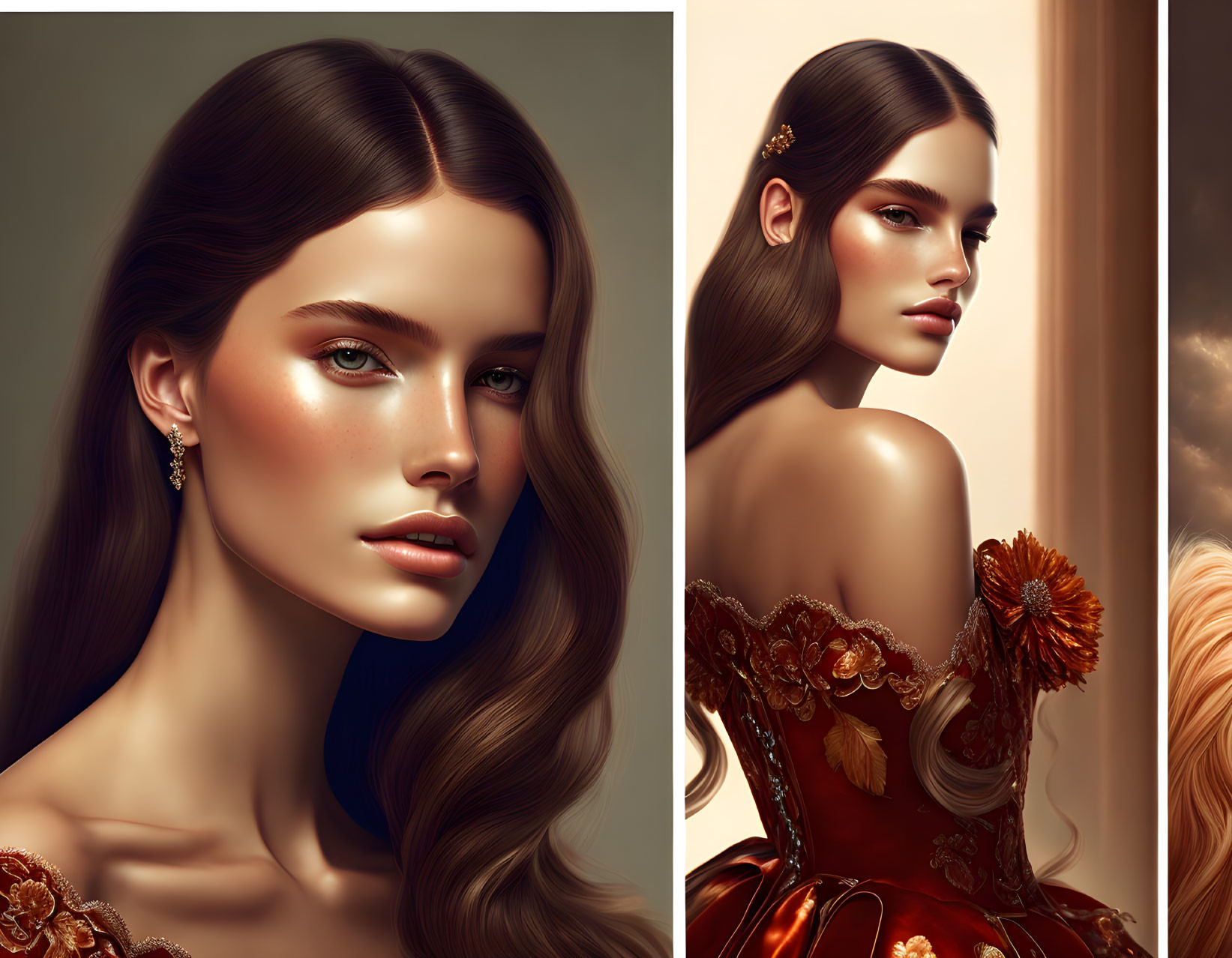 Digital artwork: Woman with long brown hair, elegant earrings, red dress with floral accents.