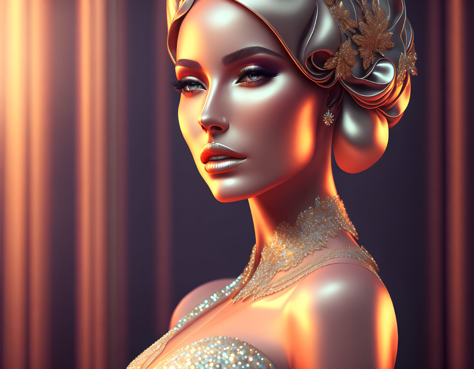 Detailed 3D illustration of woman with vintage hairdo and glamorous attire