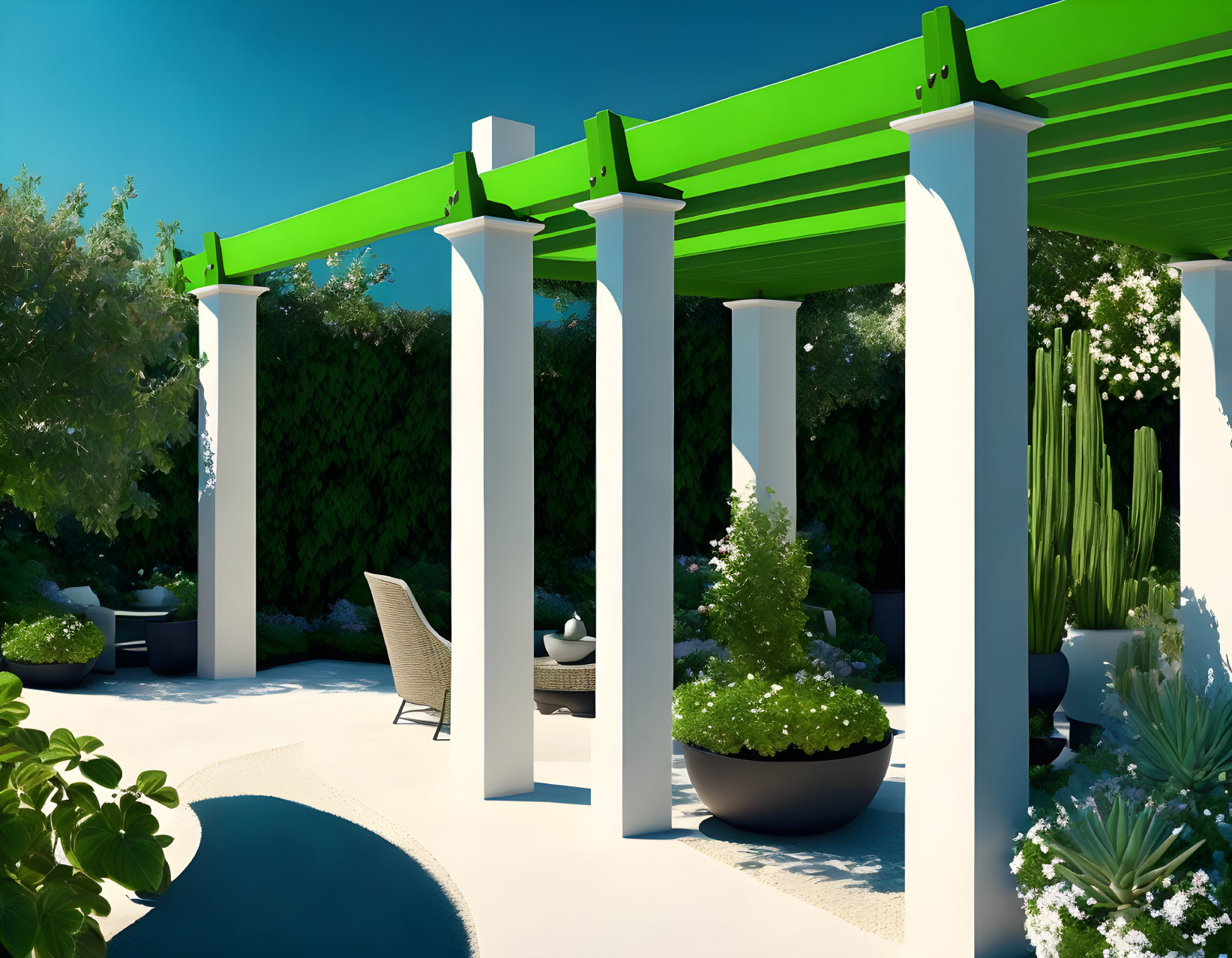 White Pillars, Green Pergola, Lush Plants & Stylish Furniture in Modern Garden Patio