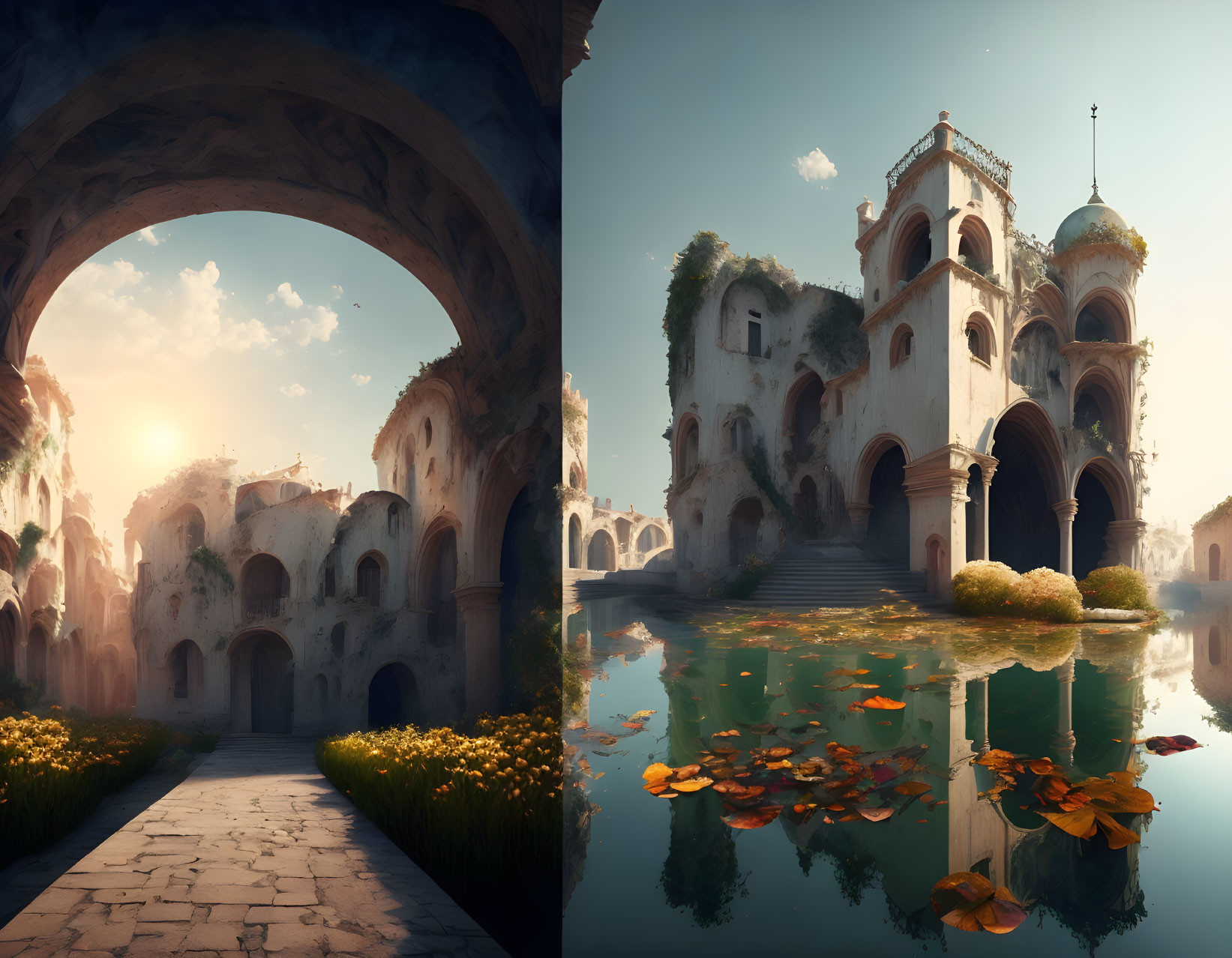 Serene fantasy archway with sunlit palace and pond