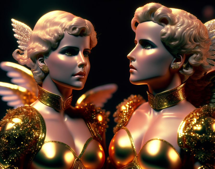 Golden angelic figures in detailed symmetrical portrait