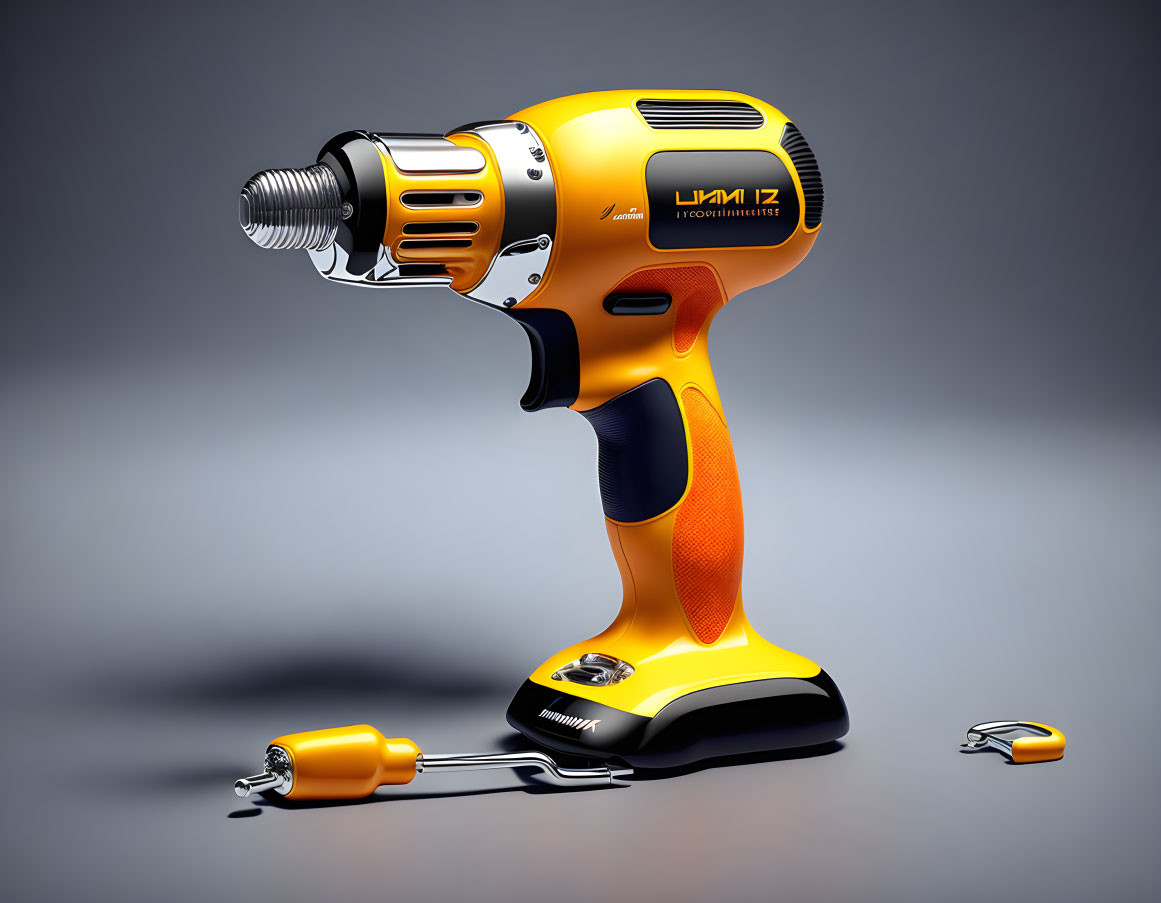 Yellow and Black Cordless Power Drill with Keyless Chuck and Drill Bits on Grey Background