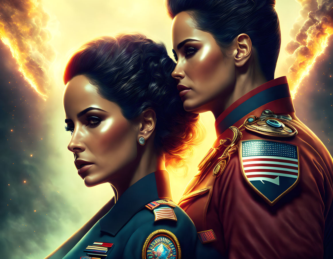 Two women in military attire with medals and American flag patch in fiery cosmic setting