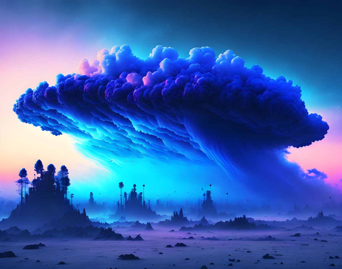 Surreal landscape with luminescent cloud over mystical forest