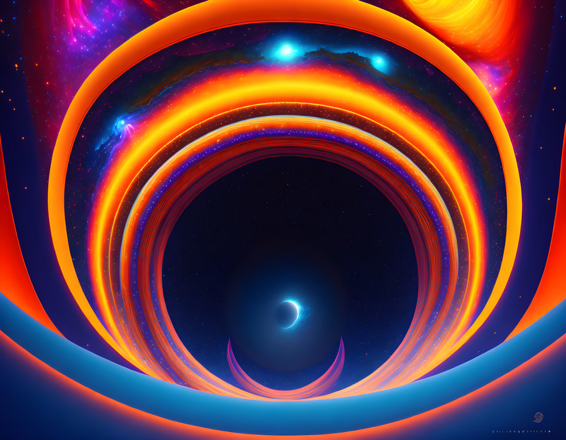 Colorful cosmic digital art: black hole with glowing rings.