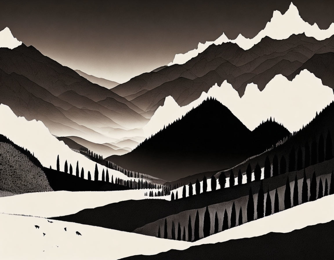 Monochrome graphic landscape of layered mountains, forests, valley, and river