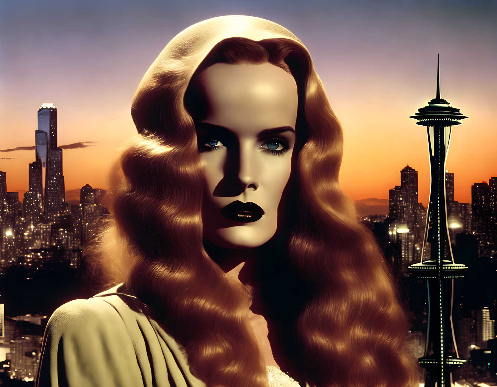 Stylized portrait of woman with wavy hair in cityscape at dusk