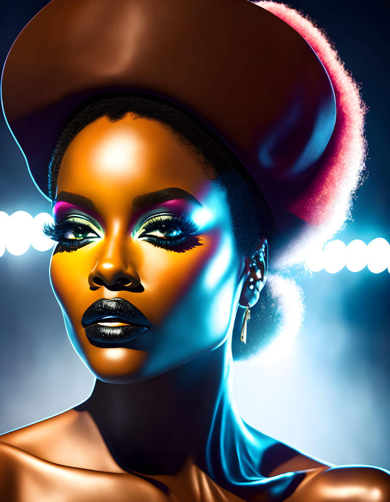 Vibrant makeup portrait with luminous skin tones on blue backdrop