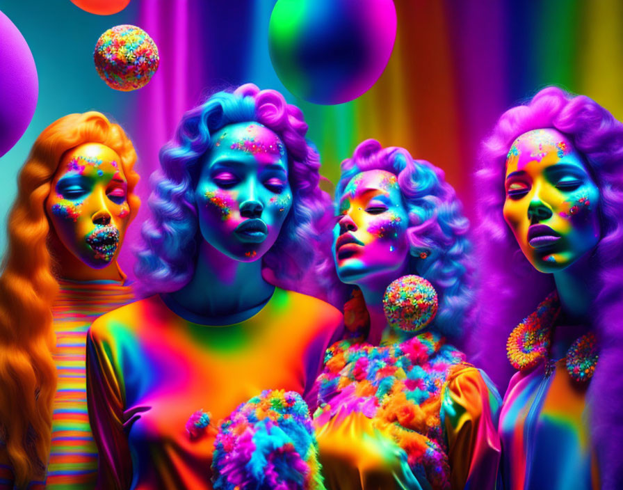 Four individuals in vibrant body paint and colorful clothing surrounded by multicolored spheres on rainbow backdrop