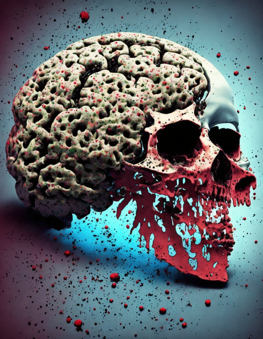 Surreal human skull with brain drips on dark background