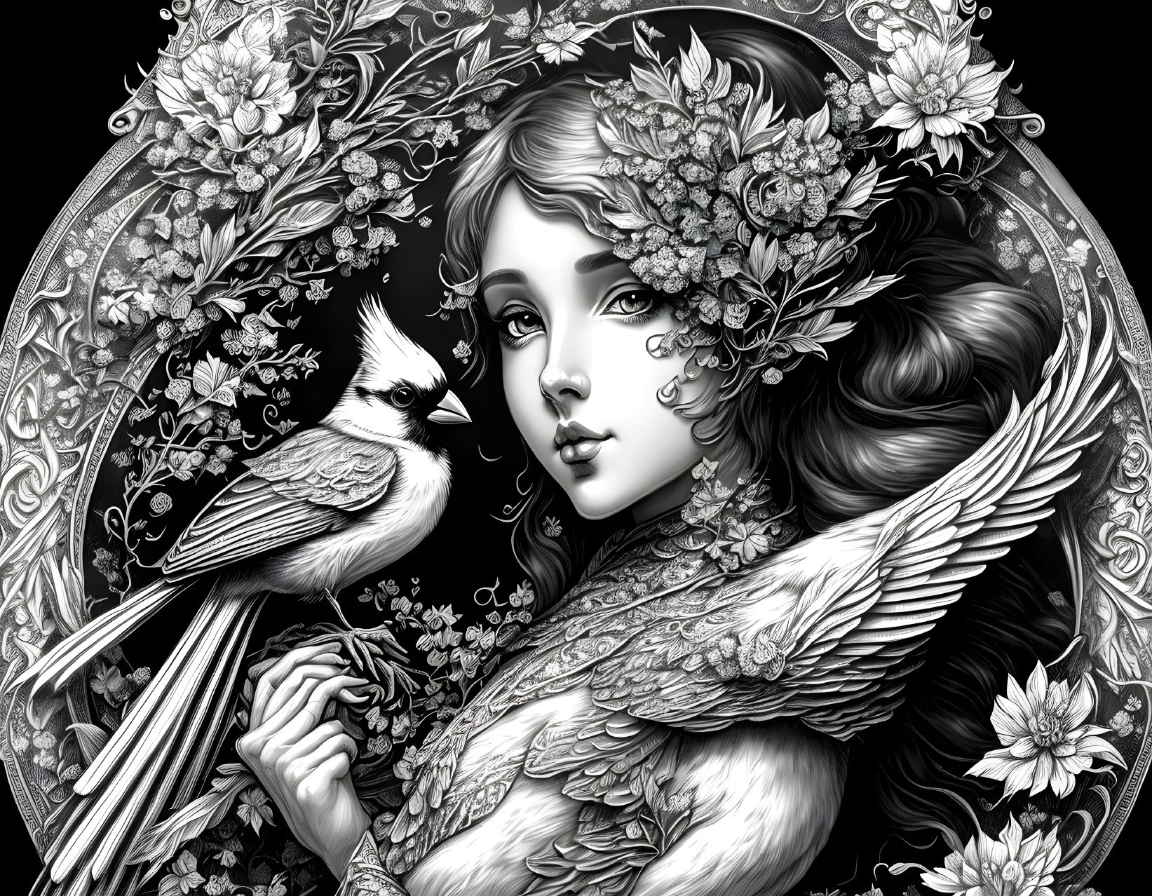 Monochrome illustration of woman with floral and feathered adornments and perched bird in circular floral frame