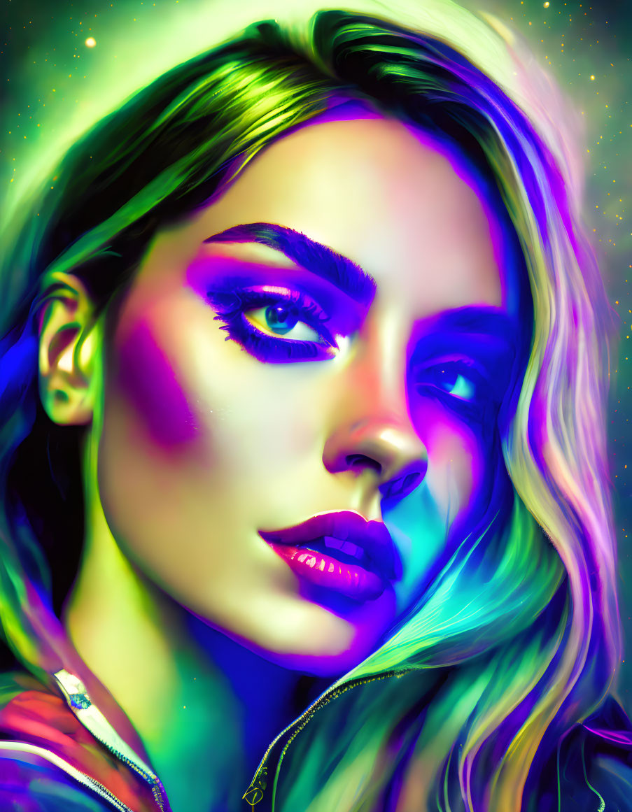 Colorful Woman Portrait with Neon Makeup and Cosmic Background