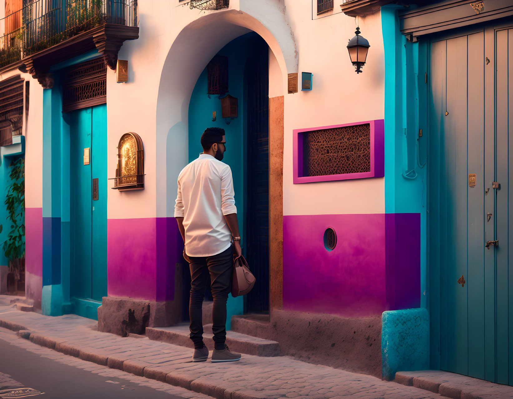 Man in white shirt walks by colorful building with purple accents and lanterns