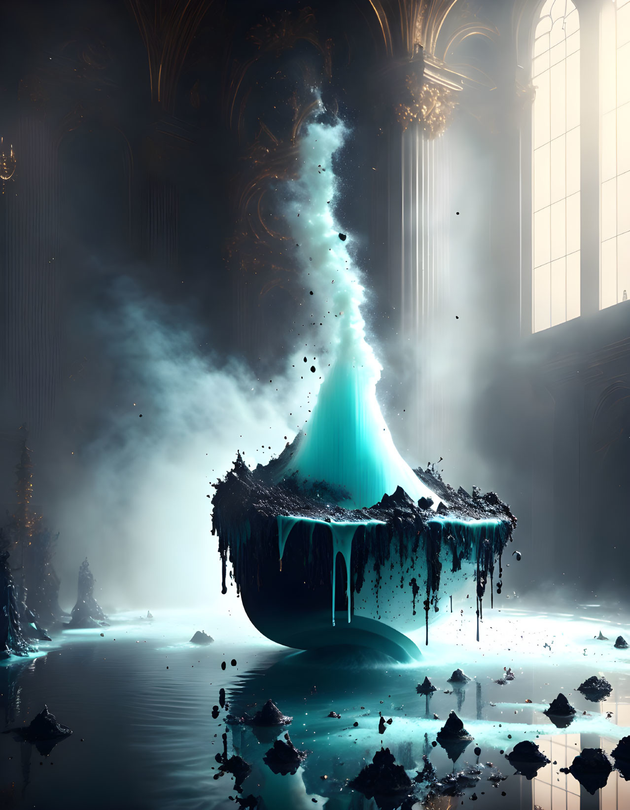 Floating island with blue waterfall in gothic hall