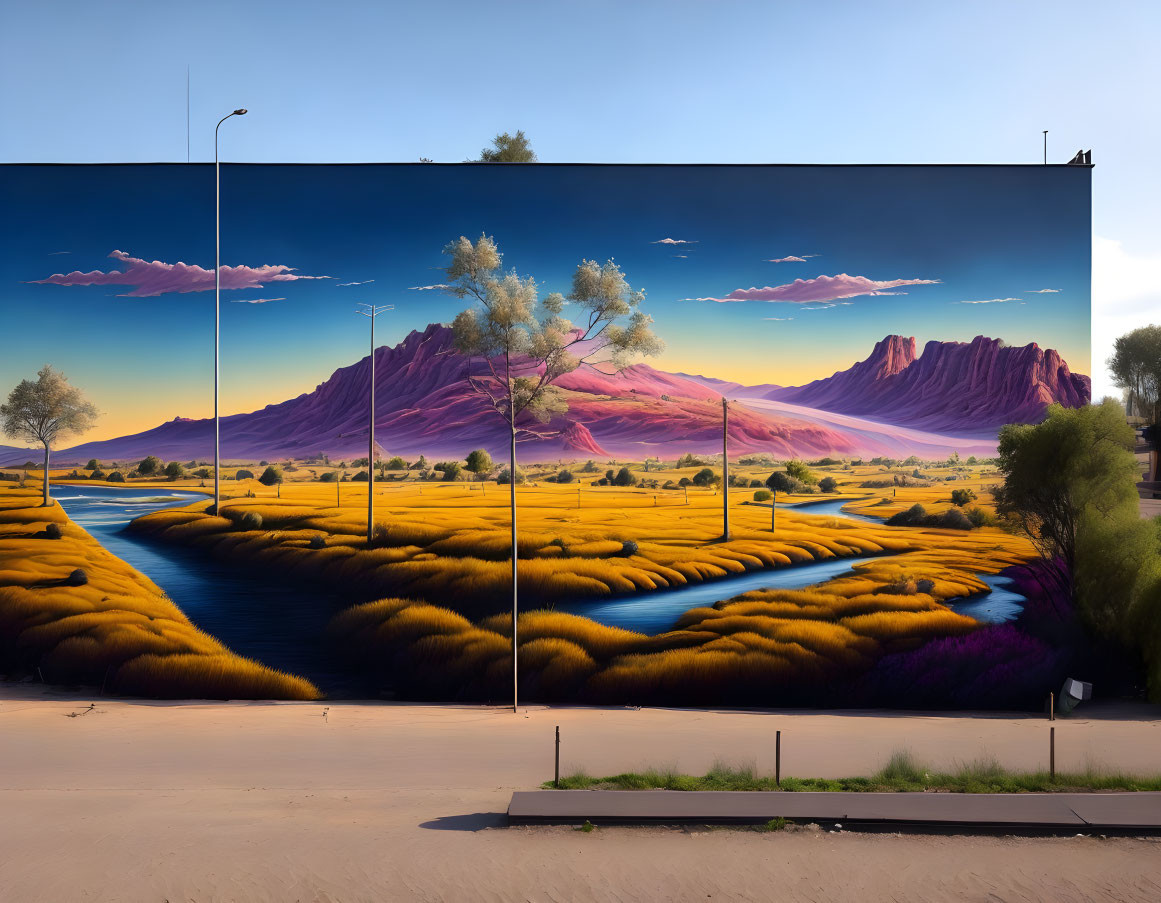 Scenic landscape mural: purple mountains, blue river, golden fields, tree, clear sky