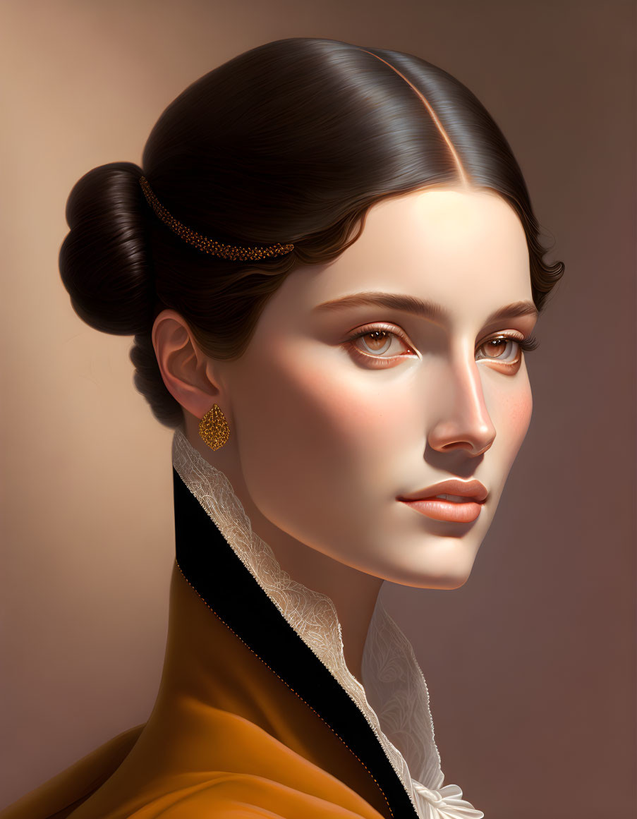 Portrait of woman with smooth bun, gold hair accessory, earrings, yellow garment, white lace collar