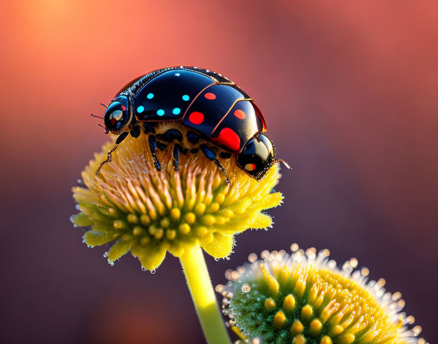 Colorful Ladybug Resting on Yellow Flower Against Blurred Background