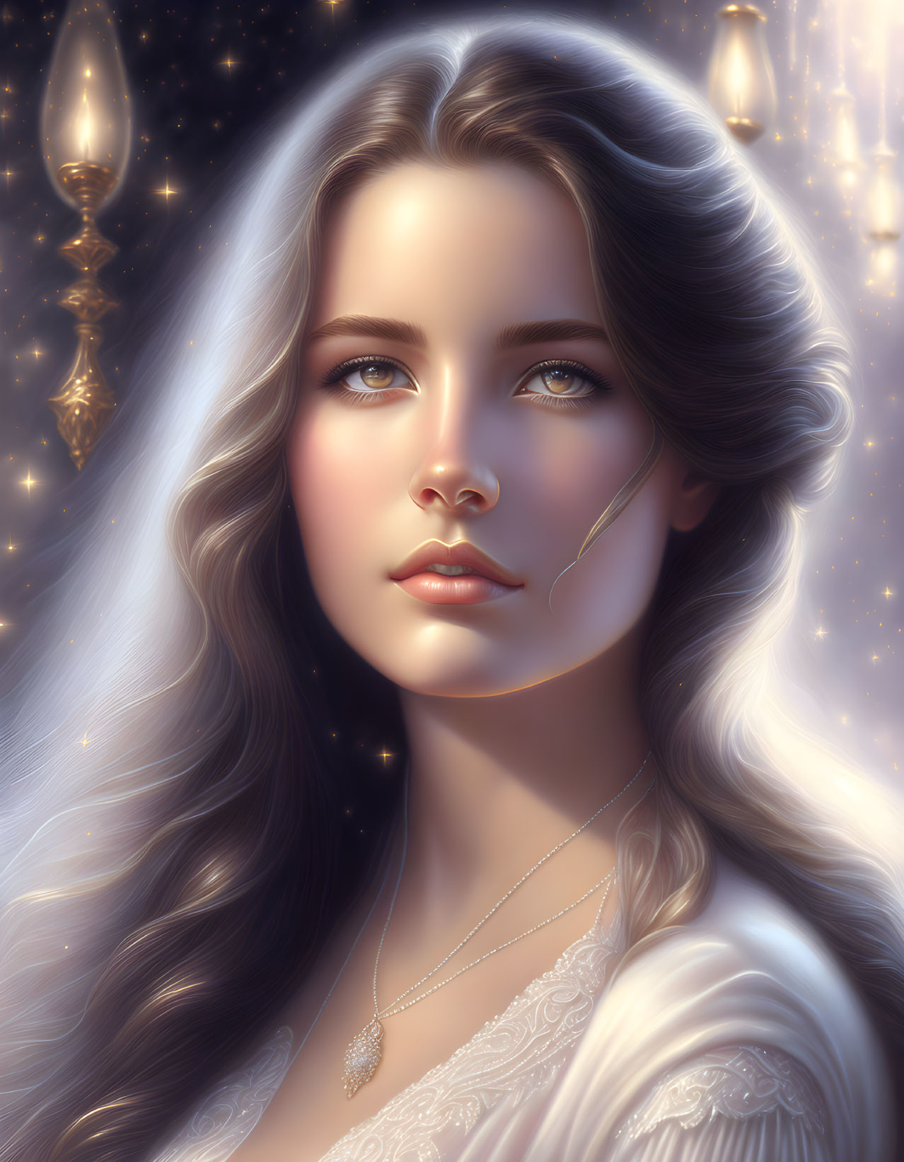 Portrait of woman with long hair and blue eyes in starry setting with glowing candles