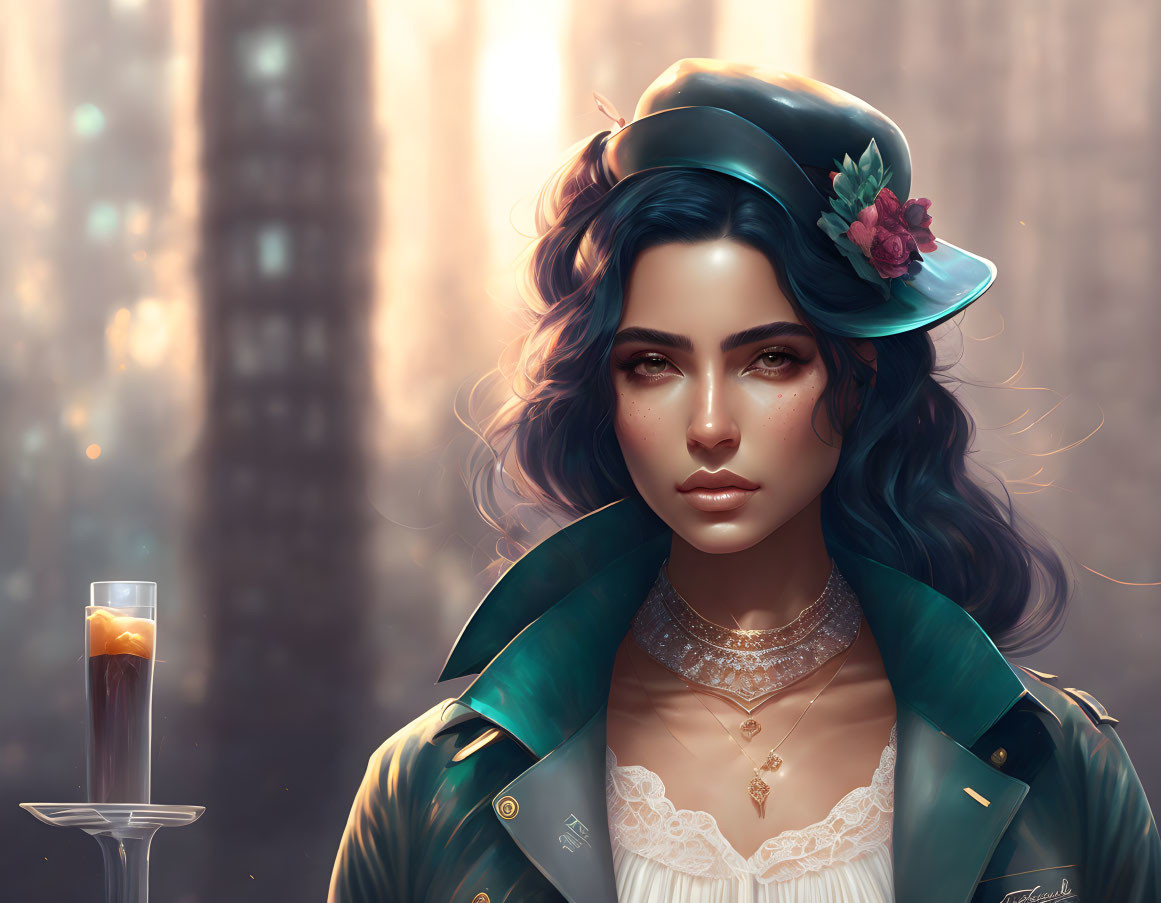 Portrait of woman with blue hair in hat and green jacket against cityscape.