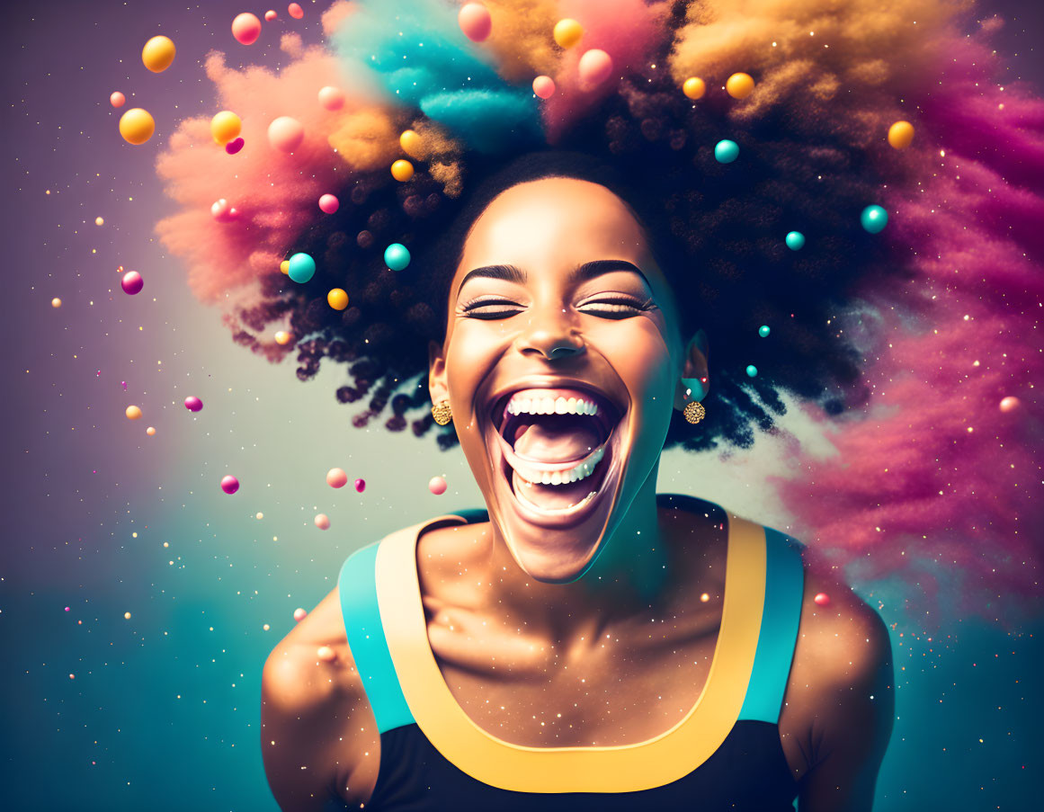 Vibrant Woman Laughing Surrounded by Colorful Powders