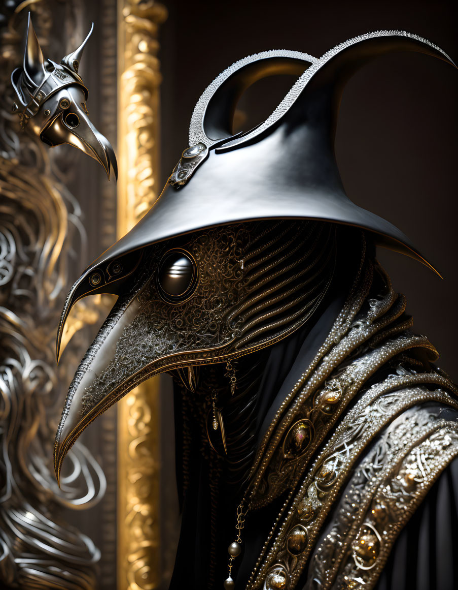 Ornate Plague Doctor Mask with Long Beak and Black Cloak