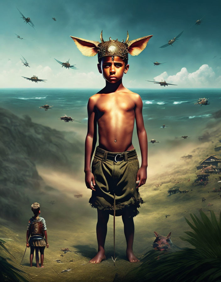 Young boy with horned crown on grassy hill near beach with flying aircraft and armored figure.