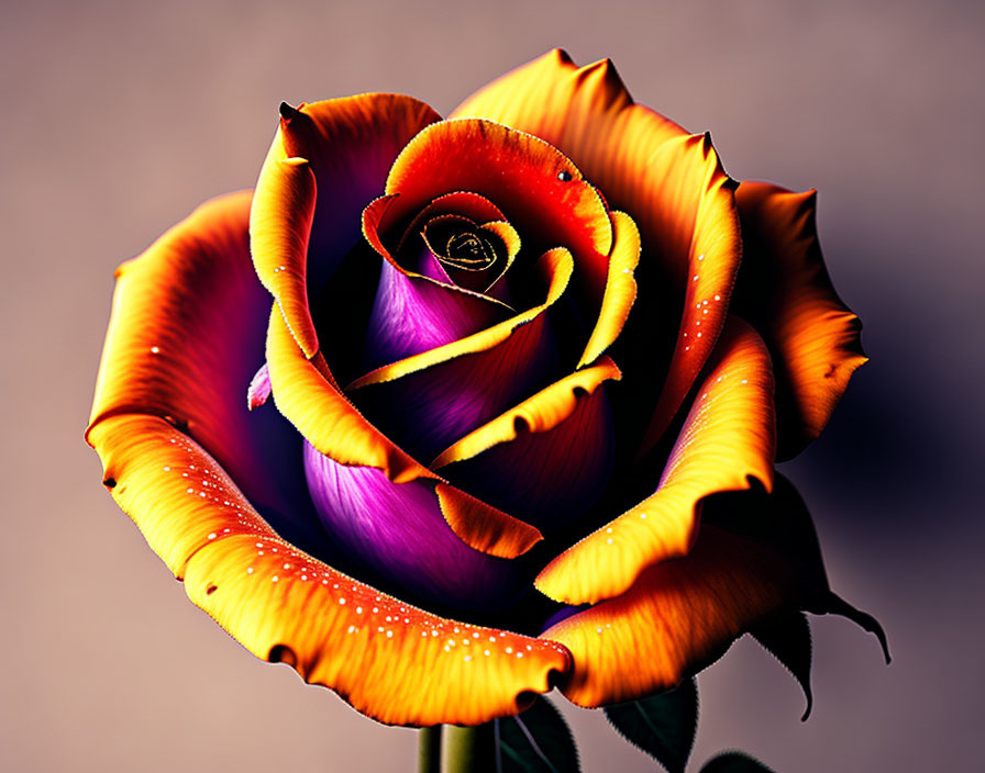 Colorful Rose with Purple to Orange Gradient and Water Droplets