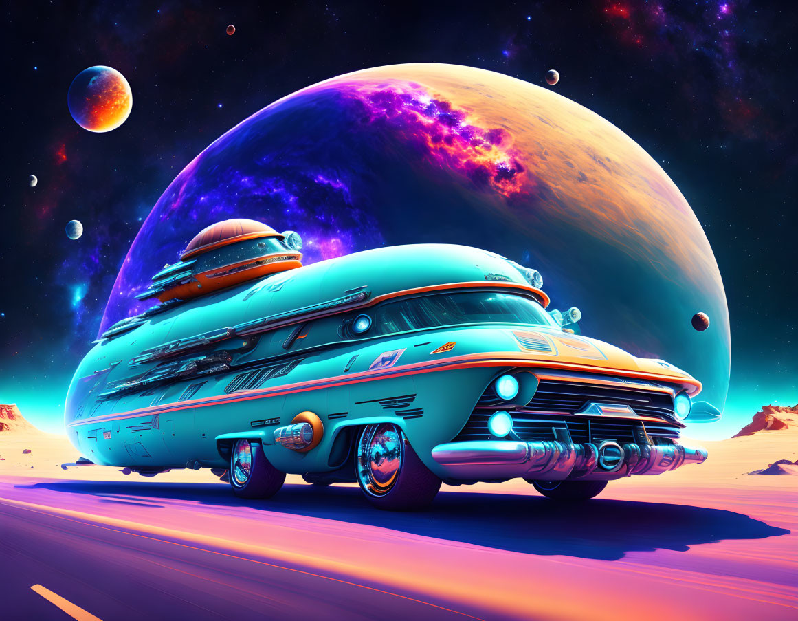 Retro-futuristic vehicle on vibrant outer space road